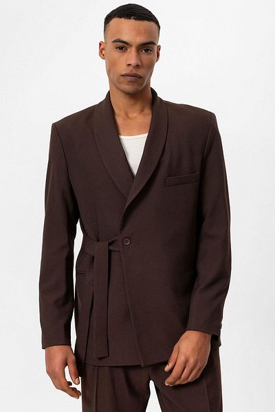 Antioch Men's Blazer Jacket - Brown Double Breasted Closure and Belted