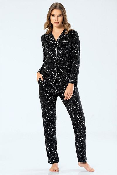 TÜREN 3327 Set pijama neagră cu imprimeu cu stele pentru femei - mânecă lungă, guler cămașă