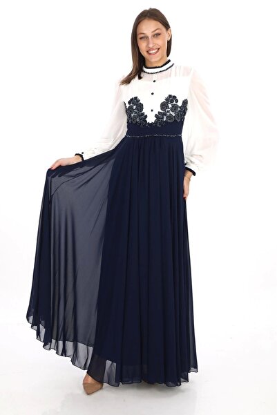 lodmela Синя вечірня сукня з мереживною обробкою - 2702