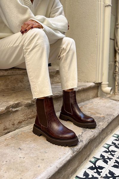 NİŞANTAŞI SHOES Lennon barna mintás - valódi bőr női csizma gumirészletekkel és vastag talppal
