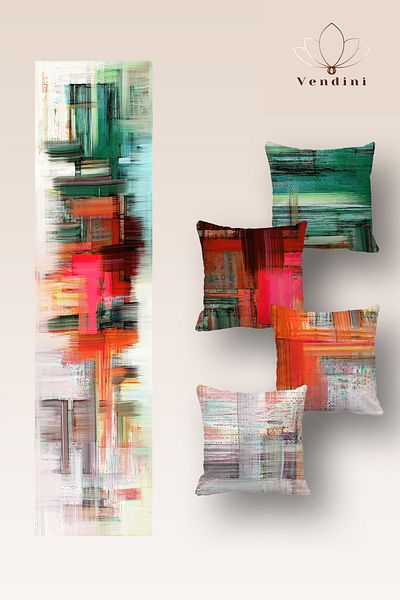 Vendini Quality Fabric, Vibrant Colors Runner and 4 Throw Pillow Covers Set