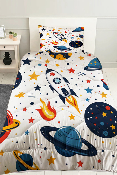 Else Halı Galaksi Yıldızlar Uzay Desenli Erkek Çocuk Tek Kişilik Kapitoneli Y...