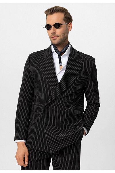 Antioch Men's Blazer - Black Striped and Double Breasted Cut Jacket