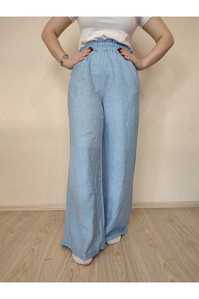 enmodaiçgiyim High Waist and Wide Leg Linen Women's Trousers - Light Blue