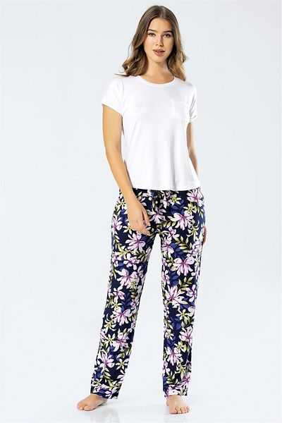 TÜREN 3336 Women's Woven Floral Short Sleeve Pajamas Set Navy Blue
