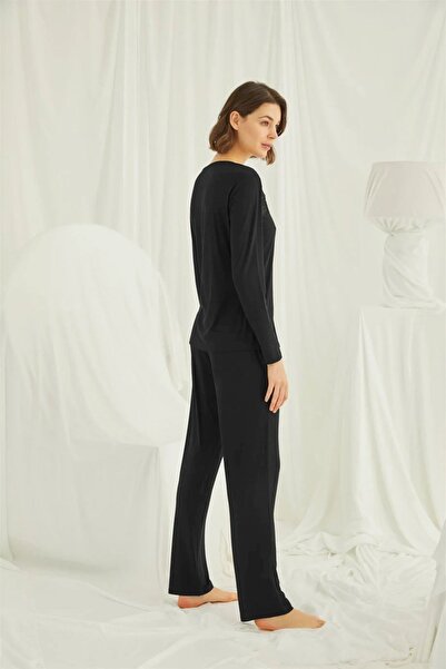 MONAMİSE Women'S, Lace on the Neck and Shoulders, Buttoned Front, Black Pajama Set