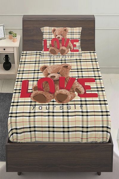 Else Halı Love Bear Teddy Patterned Girl's Single Padded Bed Sheet Set 100X200 cm