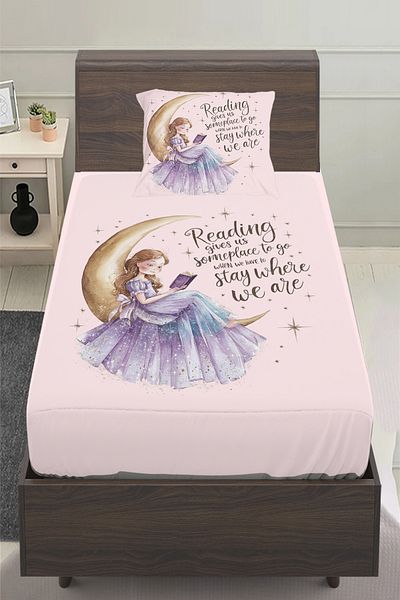 Else Halı Pink Girl Sitting on the Moon Patterned Girl's Single Pillowed Bed Sheet Set 100X200 cm