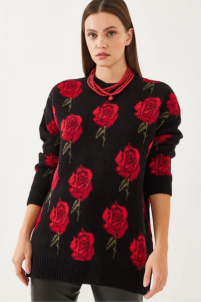 Bianco Lucci Women's Crew Neck Rose Patterned Knitwear Sweater 20246257