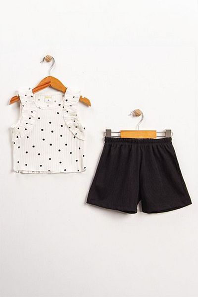 Minigimin Cicileri Polka Dot Patterned My Little Flowers - White Cotton Girl's Set with Ruffle Sleeve Detail