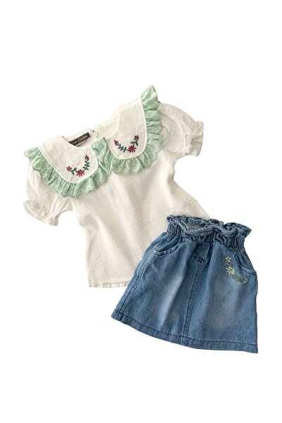 Minigimin Cicileri Κοστούμι τζιν για κορίτσια - Λεπτομέρεια κεντήματος με πέτο, λευκό-πράσινο