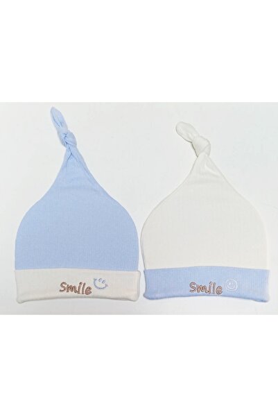 neocotton 2 'Li Pamuklu Çizgili Örme Penye Kukuletalı Bebek Bere Smile Nakışlı