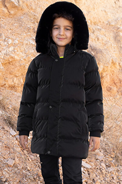 Cansın Mini Black Boy's Puffer Jacket with Removable Hood and Fur Inside 19690