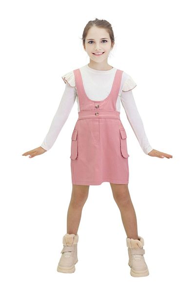 Minigimin Cicileri Girl's Gabardine Salopet - My Little Flowers, Side Pocket, 2-Piece Set - Pink
