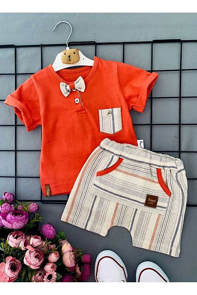 Minigimin Cicileri Orange Linen 2-piece Baby Set with Shorts and Bow Tie