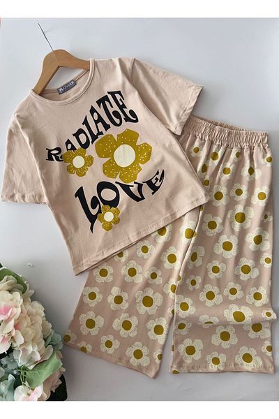 Minigimin Cicileri Комплект самурайски панталони с щампа Love Daisy за момичета за малки деца - норка
