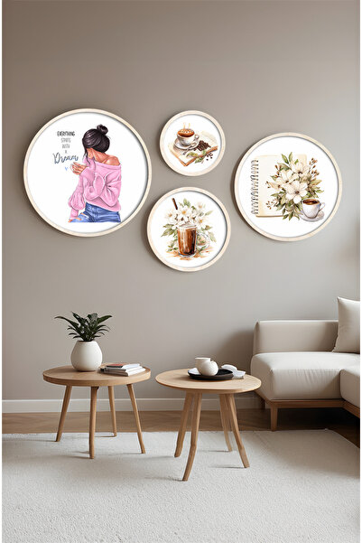 huhuli Ahşap Çerçeveli Modern 4'lü Yuvarlak Tablo Seti Huhu413