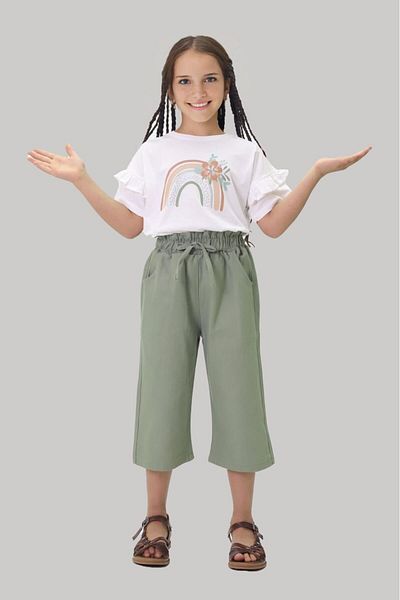 Minigimin Cicileri Green Girl's Set - Baby's Flowers, Capri Floral Gabardine Trousers