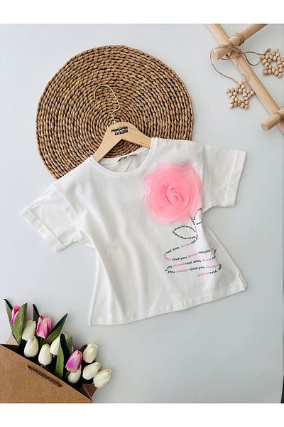 Minigimin Cicileri Girl's Rose Patterned My Mini T-Shirt and Jeans Set - White-Blue