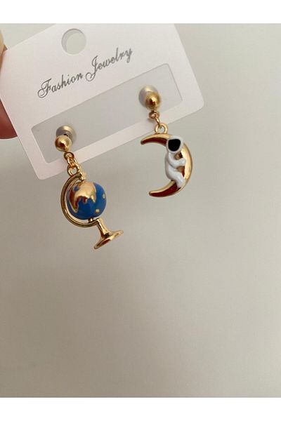 Morena World Astronaut and Moon Detailed Double Steel Earrings