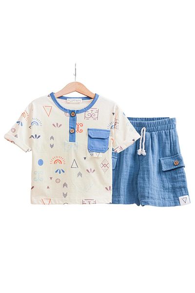 Minigimin Cicileri Men's Indigo Tshirt and Shorts Set - Muslin Ethnic Pattern, Pocket Detailed