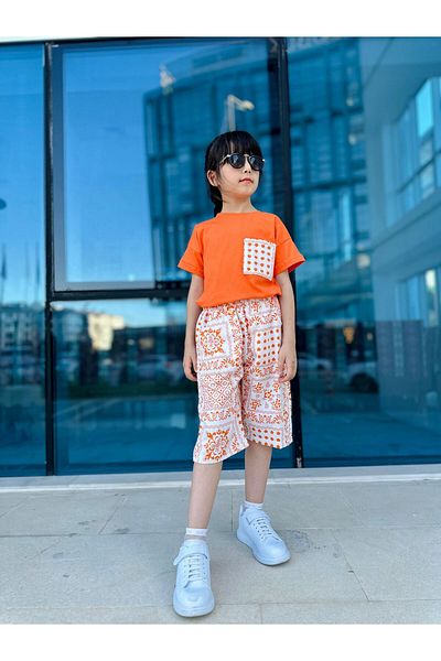 Minigimin Cicileri Ethnic Patterned Linen Cotton Girl's 2-Piece Set - Pocketed, Orange
