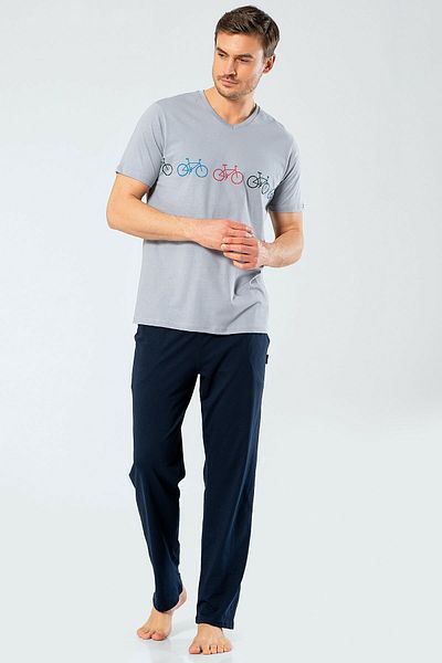 TÜREN 4131 Γκρι ανδρικό εμπριμέ παντελόνι πιτζάμα με λαιμόκοψη