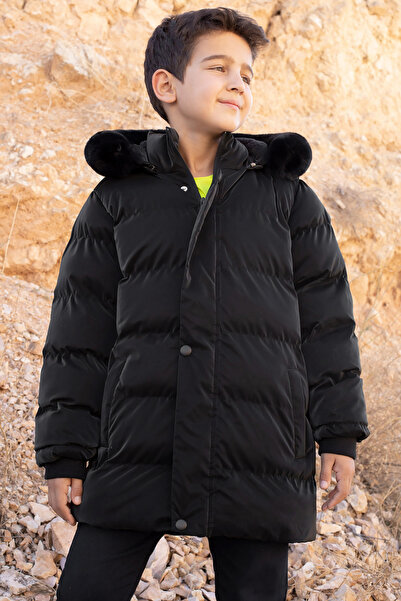 Cansın Mini Black Boy's Puffer Jacket with Removable Hood and Fur Inside 19690
