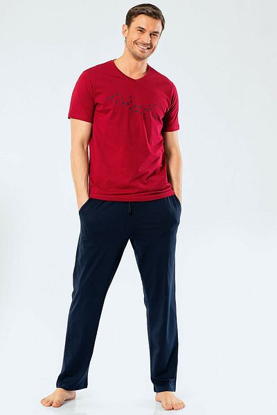 TÜREN 4135 Claret Red Ανδρικό Σετ πιτζάμες με στάμπα V λαιμόκοψη