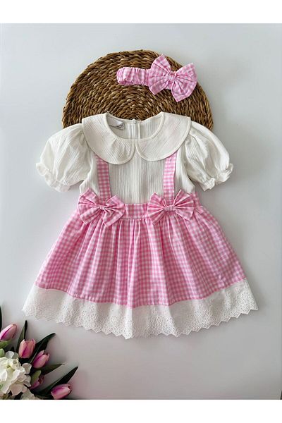 Minigimin Cicileri Rochie pentru fetiță din bumbac, rochii roz pentru fetiță - festonată Gingham