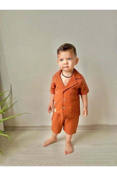Minigimin Cicileri Boy's Set - My Little's Flowers, Muslin Jacket Collar, Cotton Shorts, Tile