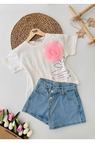 Minigimin Cicileri Girl's Rose Patterned My Mini T-Shirt and Jeans Set - White-Blue