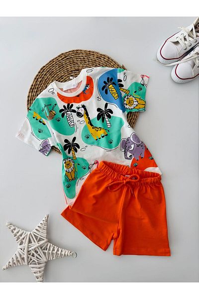 Minigimin Cicileri Boy's Shorts Set - My Little Baby's Flowers, Animal Print, Orange
