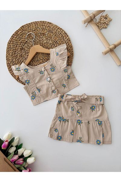 Minigimin Cicileri Floral Embroidered Pleated Skirt and Buttoned Blouse for Girls - Blue