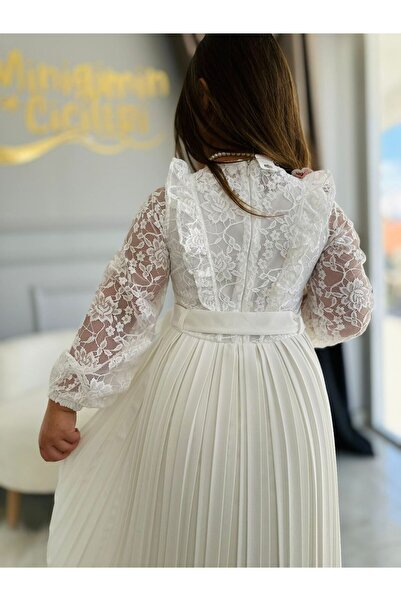 Minigimin Cicileri Λευκό βραδινό φόρεμα για κορίτσια - My Little Puppies, πλισέ τσάντα με λεπτομέρεια από δαντέλα και αξεσουάρ κολιέ