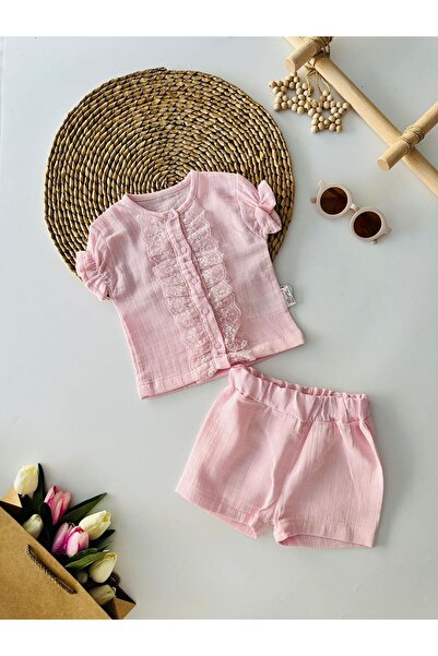 Minigimin Cicileri Pink My Little Lace Detailed Muslin Summer Baby Girl Set
