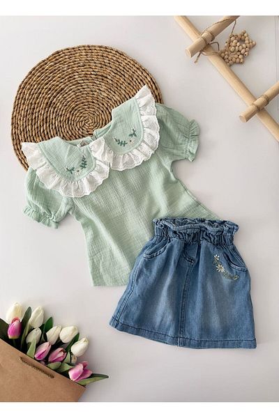 Minigimin Cicileri Water Green Girl's Set - Collar Scallop and Embroidery Detailed Denim Skirt
