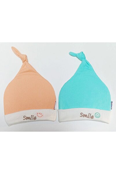 neocotton 2 'Li Pamuklu Çizgili Örme Penye Kukuletalı Bebek Bere Smile Nakışlı