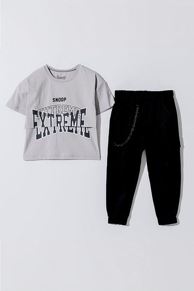Minigimin Cicileri Boy's Set - my Little Baby's Flowers, Extreme Cargo Pocket and Chain Accessory, Gray
