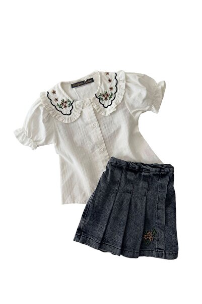 Minigimin Cicileri Girl's Stylish Set - Embroidery Detailed My Little's Flowers and Jeans Shorts - Smoked