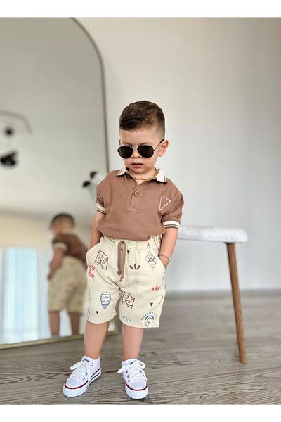 Minigimin Cicileri Мъжки комплект от 2 части - My Little One's Cici, Мюсюлмански шорти с яка Lacoste с етнически мотив, кафяви