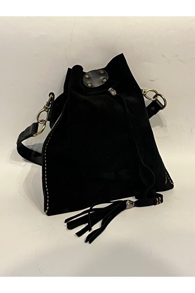 Yaban Collection Kadın Siyah El Yapımı Hakiki Süet Deri Omuz Askılı Büzgülü P...