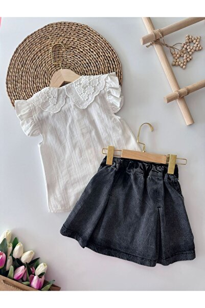 Minigimin Cicileri Κοριτσίστικο Σετ - Μικρό μου Στρίφωμα και Τζιν Φούστα με Γιακά Με Γκουπέρ - Λευκό