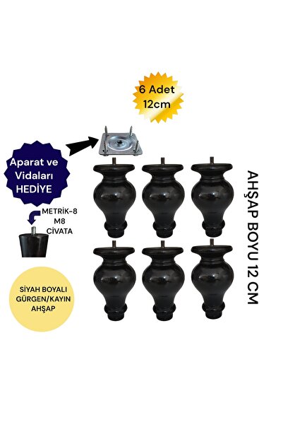 Vera Hediyelik Eşya 6'lı 12 cm Siyah Topak Ahşap Torna Ayak Koltuk Ayağı Baza...