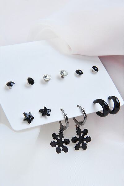 twingold Kar Tanesi Yıldızlar Ve Halka Küpeli Tektaşlı Ve Siyah Top Küpeli 12...