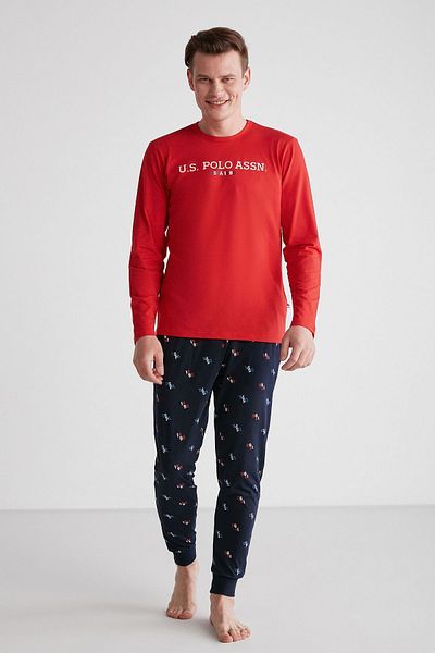 U.S. Polo Assn. 18735 Men's Red Round Neck Long Sleeve Pajamas Set