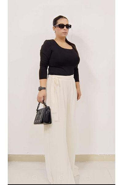 AKŞEN GİYİM LARGE SIZE TESETTURE SUITABLE PLEATED WAIST RUBBLE LINED CHIFFON PALAZZO MODEL EVENING DRESS PANT