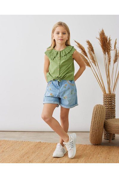 Minigimin Cicileri Light Blue My Mini's Cicis Little Flower Embroidered Girl's Denim Shorts
