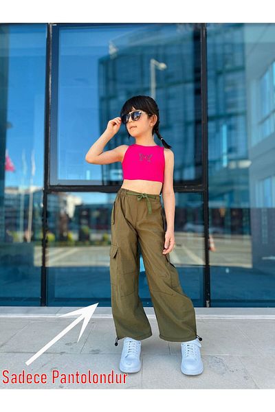 Minigimin Cicileri Girl's - My Mini's Khaki Trousers, Cargo Pocket and Elastic