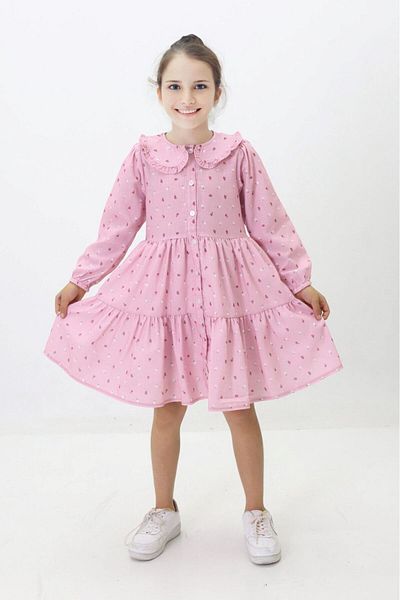 Minigimin Cicileri Pink Girl's Flower Print Dress - Buttoned and Lined